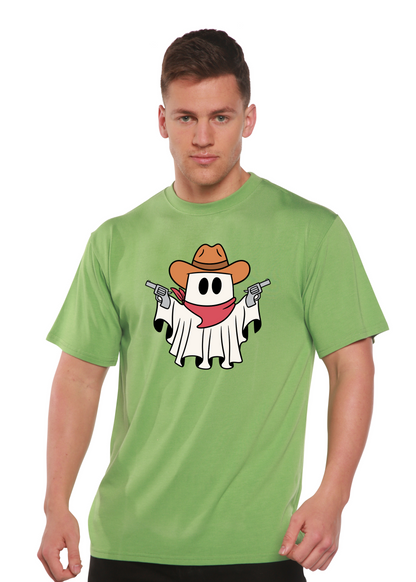 Spun Bamboo cowboy ghost unisex graphic t-shirt with short sleeves, featuring a printed ghost design on bamboo viscose and organic cotton fabric.