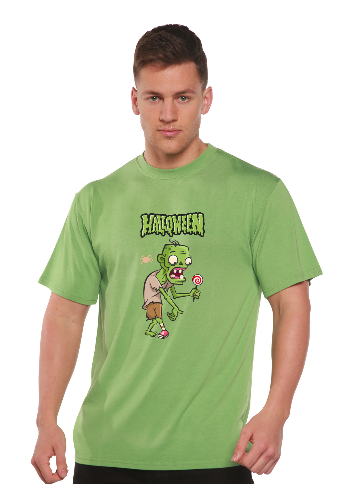 Men's Halloween Green Monster graphic T-shirt by Spun Bamboo, made from bamboo viscose and organic cotton, with short sleeves.