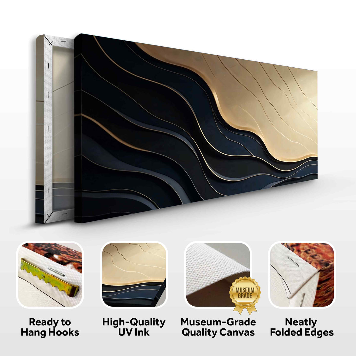 Black and gold minimalist abstract canvas artwork, titled Abstract VII, by Tailored Canvases, featuring modern geometric design.