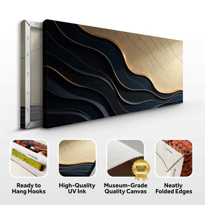 Black and gold minimalist abstract canvas artwork, titled Abstract VII, by Tailored Canvases, featuring modern geometric design.