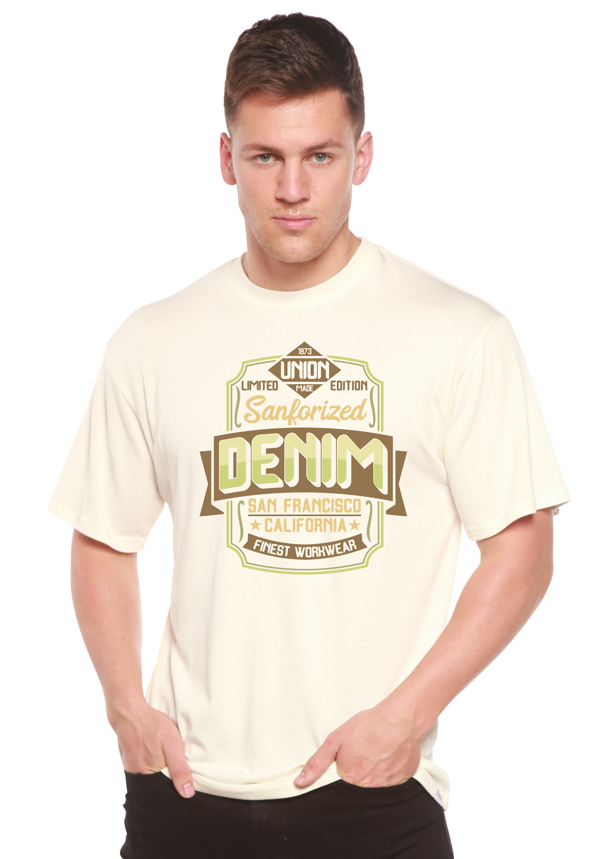 Spun Bamboo men's Sanforized denim graphic T-shirt with short sleeves, bamboo viscose and organic cotton fabric, printed design.