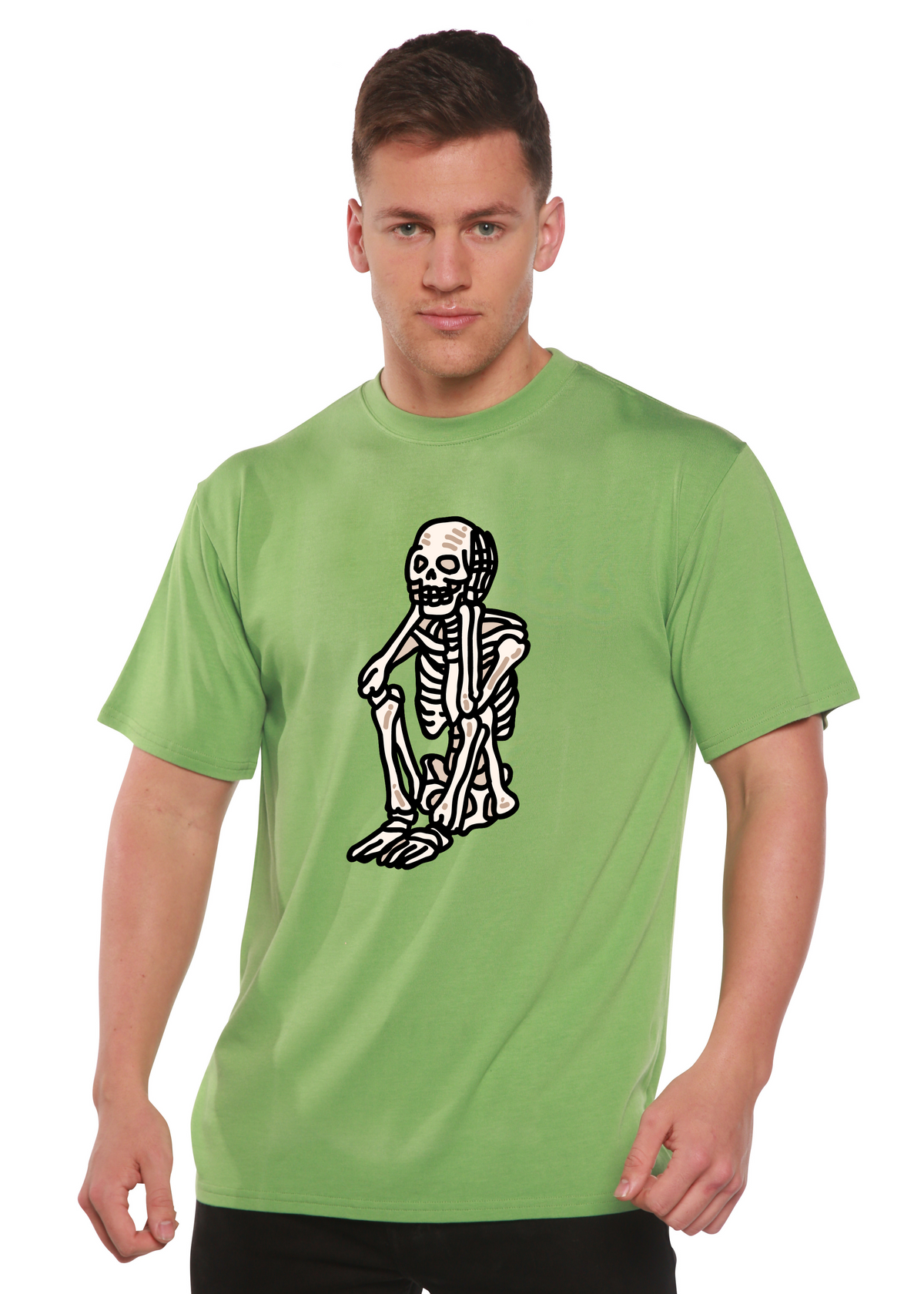 Men's Sad Skeleton Halloween T-shirt by Spun Bamboo, unisex short sleeve graphic tee in organic cotton and bamboo viscose fabric.