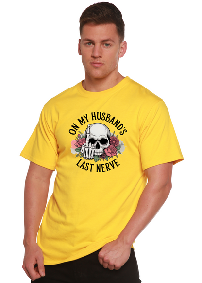 Men's printed sublimation T-shirt from Spun Bamboo featuring humorous "On My Husband's Last Nerve" graphic on bamboo cotton fabric.