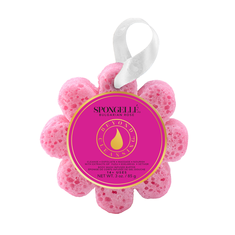 Bulgarian Rose wild flower bath sponge, a Spongellé body wash infused buffer with floral scent and soft texture.