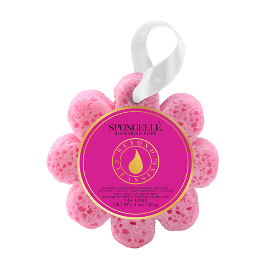 Bulgarian Rose wild flower bath sponge, a Spongellé body wash infused buffer with floral scent and soft texture.