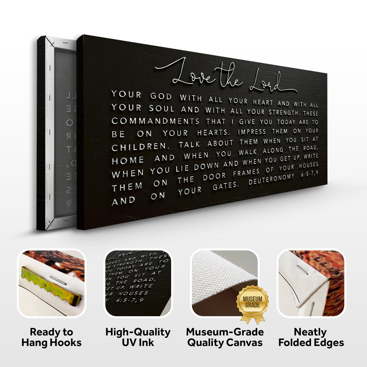 Canvas wall art featuring the biblical verse Deuteronomy 6:5-9 with the message "Love The Lord Your God" from Tailored Canvases.