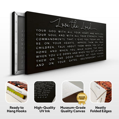 Canvas wall art featuring the biblical verse Deuteronomy 6:5-9 with the message "Love The Lord Your God" from Tailored Canvases.