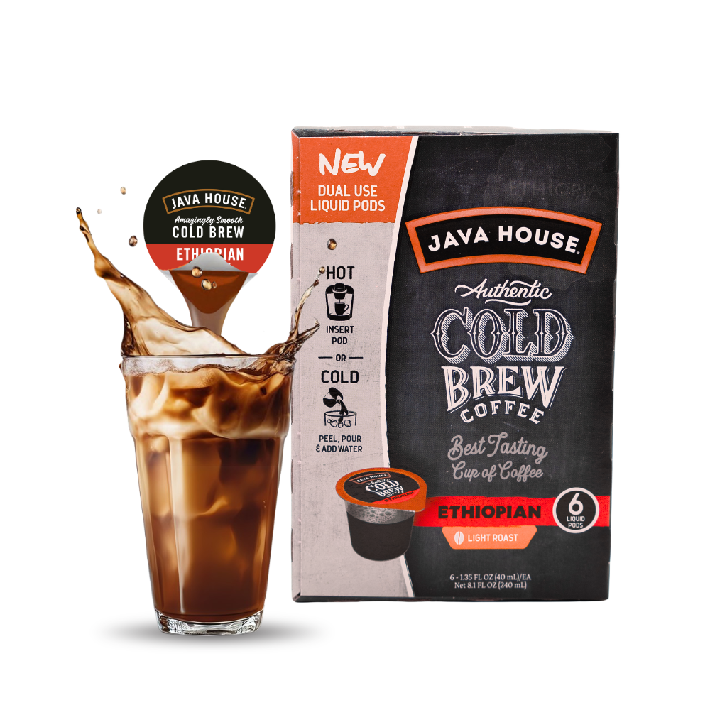 Ethiopian cold brew coffee pods by Java House, pack of 36, showing dark coffee capsules with branding and packaging details.