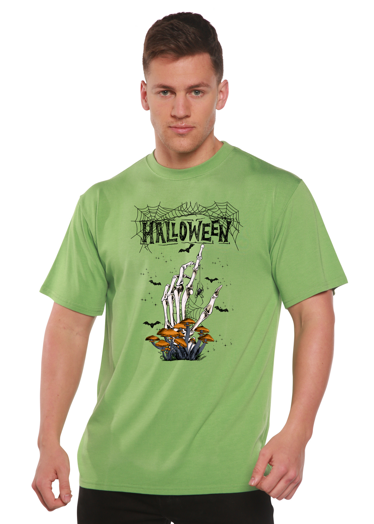 Men's Halloween graphic T-shirt by Spun Bamboo, short sleeve, made from bamboo viscose and organic cotton, with festive print.