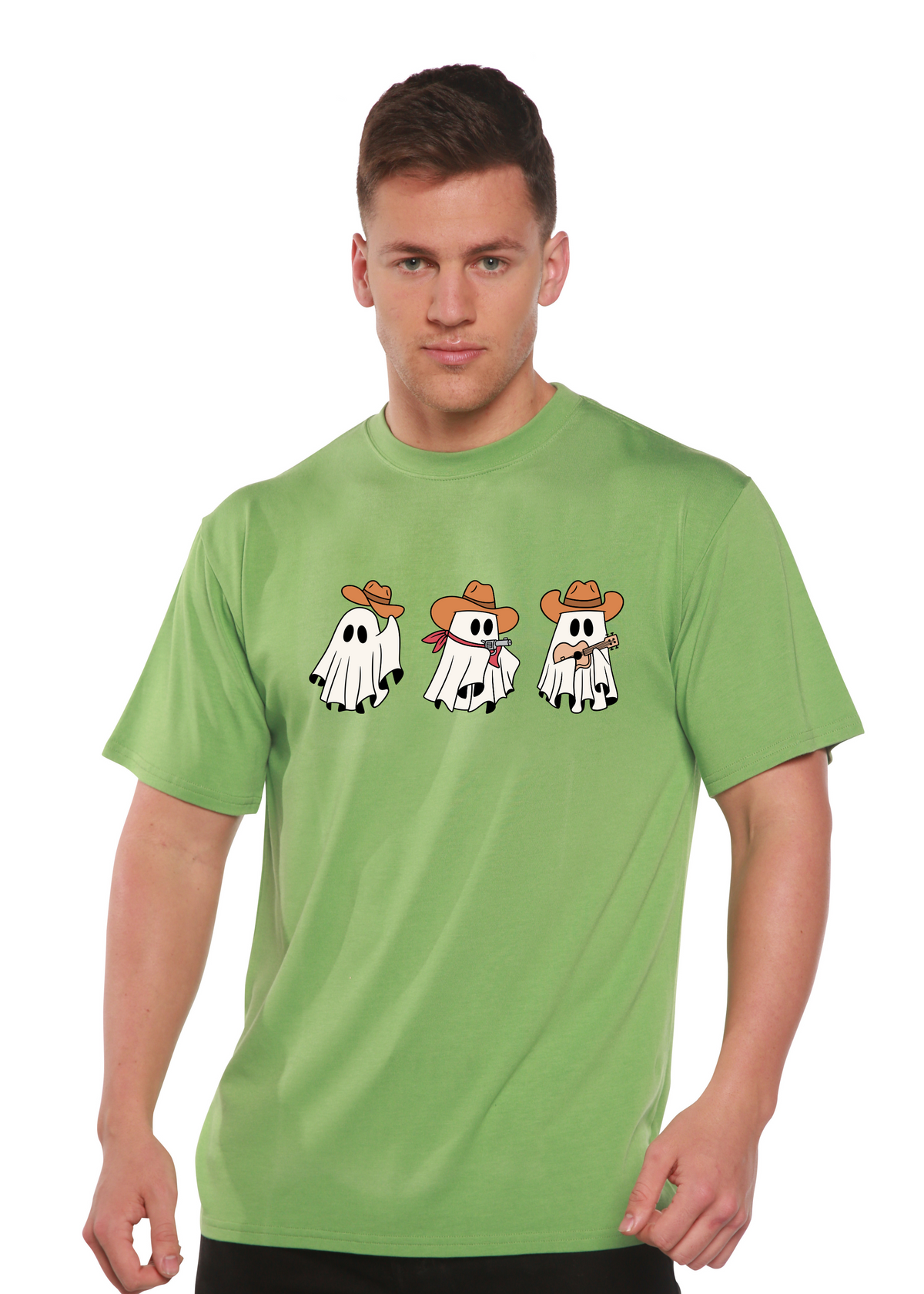 Unisex cowboy ghosts graphic T-shirt by Spun Bamboo, short sleeve, made of bamboo viscose and organic cotton, with a printed design.
