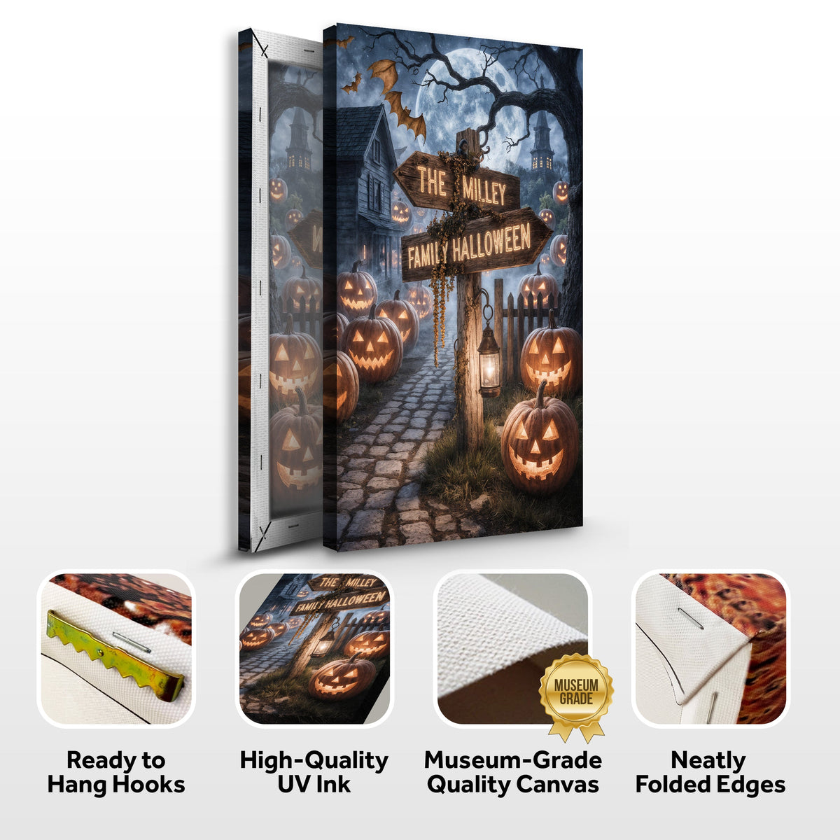 Personalized family name Halloween canvas wall art featuring spooky street sign design, ideal for Halloween home decor.