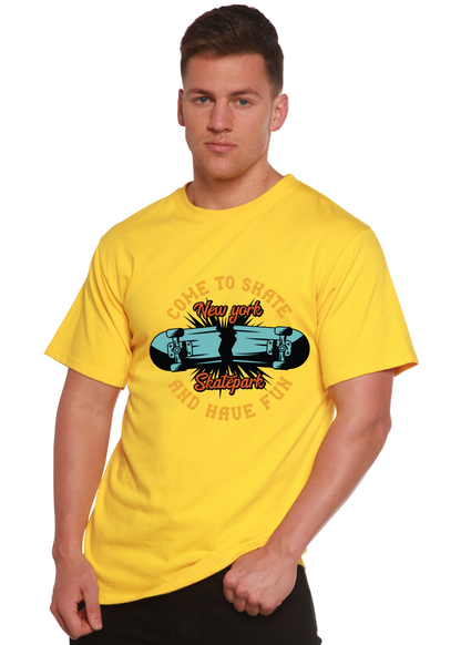 Men's printed T-shirt from Spun Bamboo featuring New York Skatepark graphic, made of bamboo viscose and organic cotton.