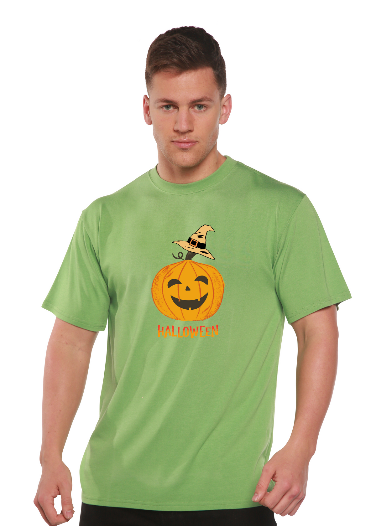 Unisex Halloween pumpkin graphic T-shirt by Spun Bamboo, short sleeve with printed pumpkin design in bamboo viscose and organic cotton.
