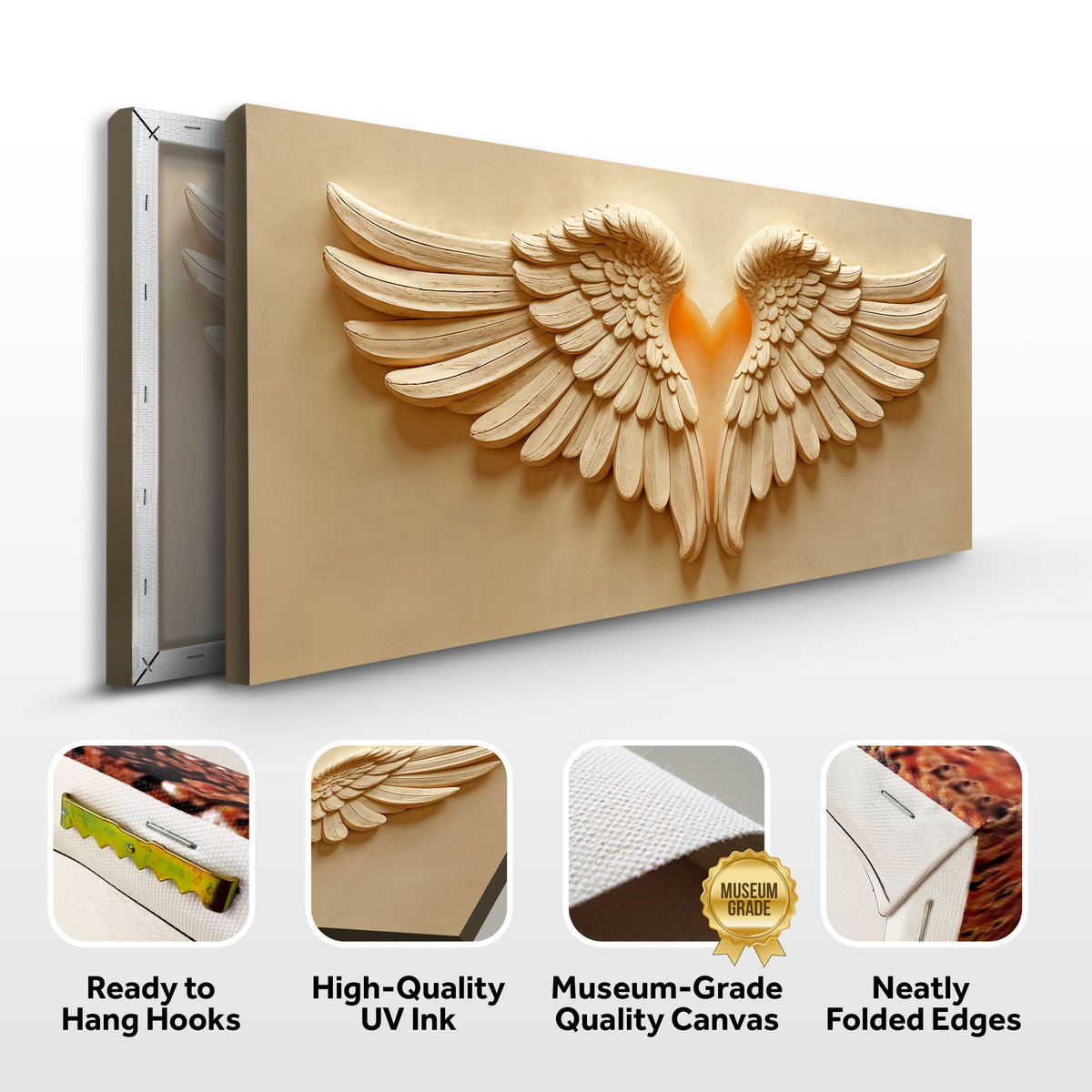 Canvas wall art featuring angel wings with intricate feather details, designed by Tailored Canvases for elegant home decor.
