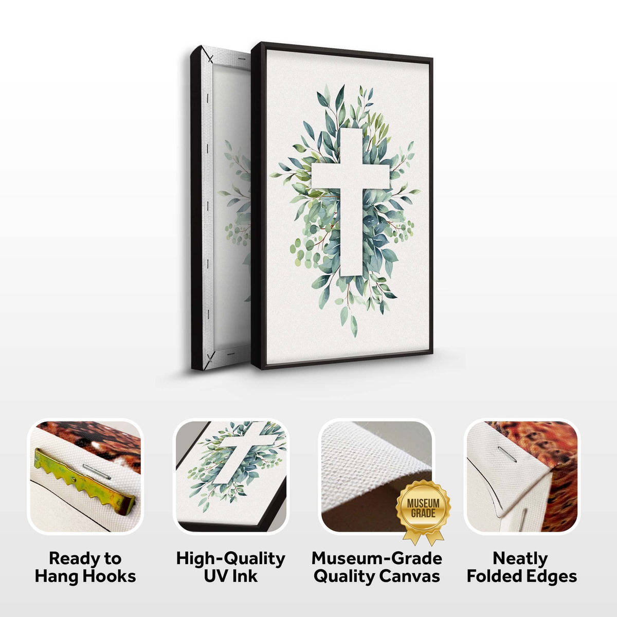Canvas wall art featuring an evergreen cross and faith-themed design by Tailored Canvases for religious home decor.