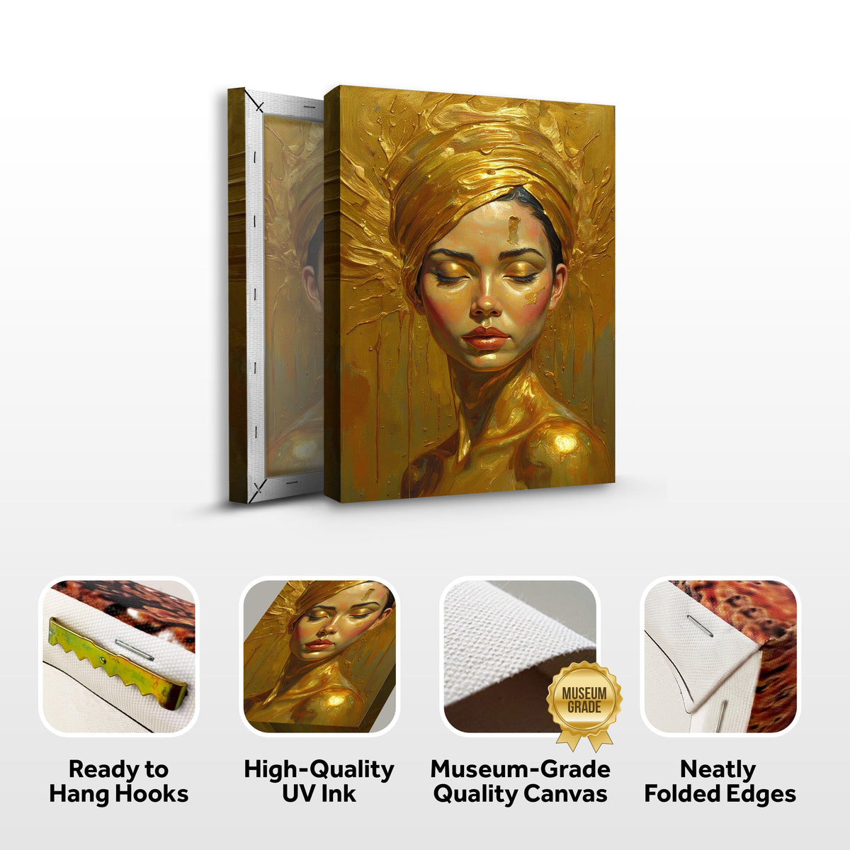 Golden Serenity woman's wall art canvas by Tailored Canvases featuring elegant abstract design in warm gold tones.