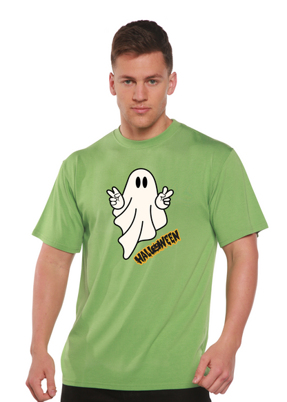 Spun Bamboo Halloween Ghost men's short sleeve graphic T-shirt made of bamboo viscose and organic cotton, featuring a ghost design.