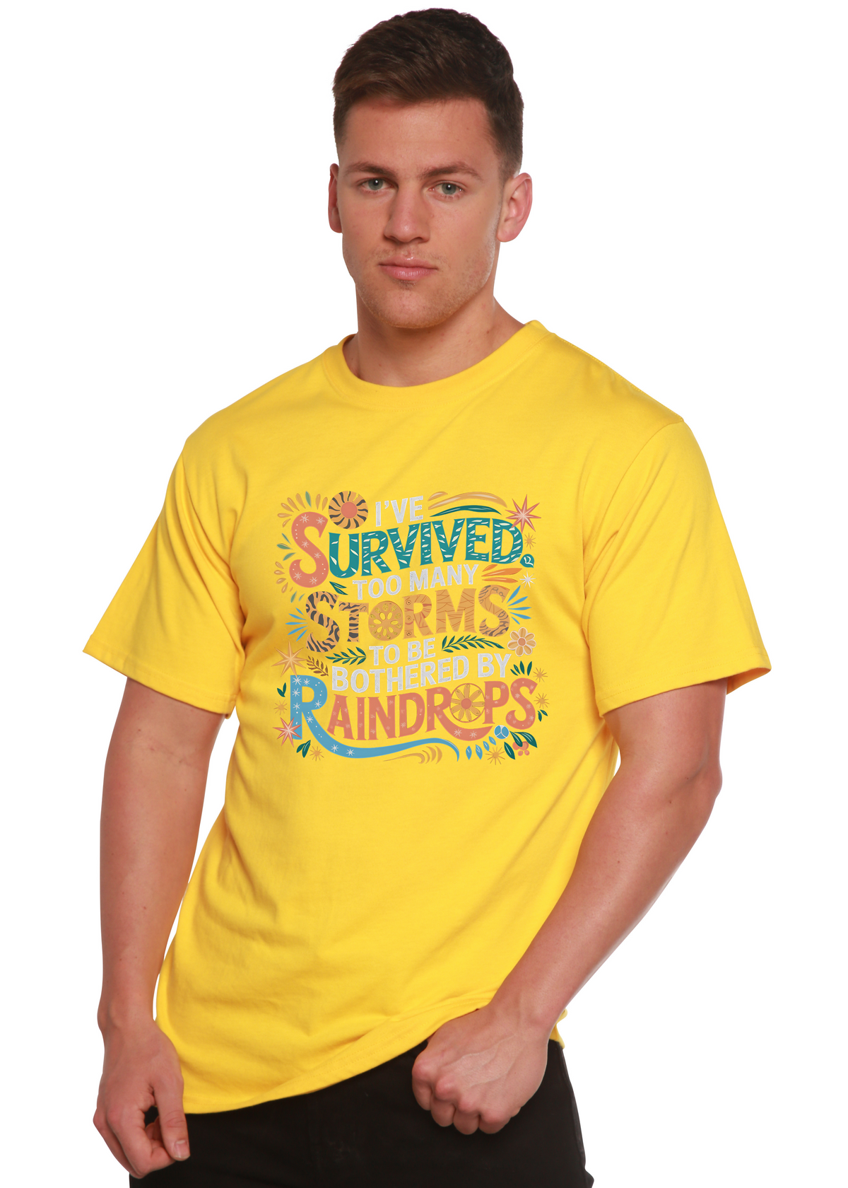 Unisex bamboo cotton graphic T-shirt with "I've Survived Too Many Storms" design by Spun Bamboo, men's printed casual tee.