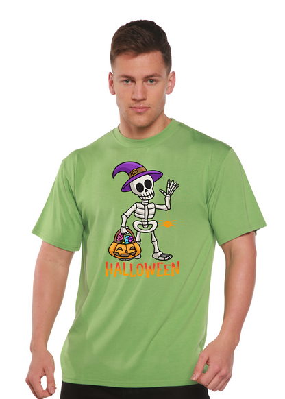 Men's Halloween graphic T-shirt by Spun Bamboo, unisex short sleeve shirt made of bamboo viscose and organic cotton, featuring festive design.