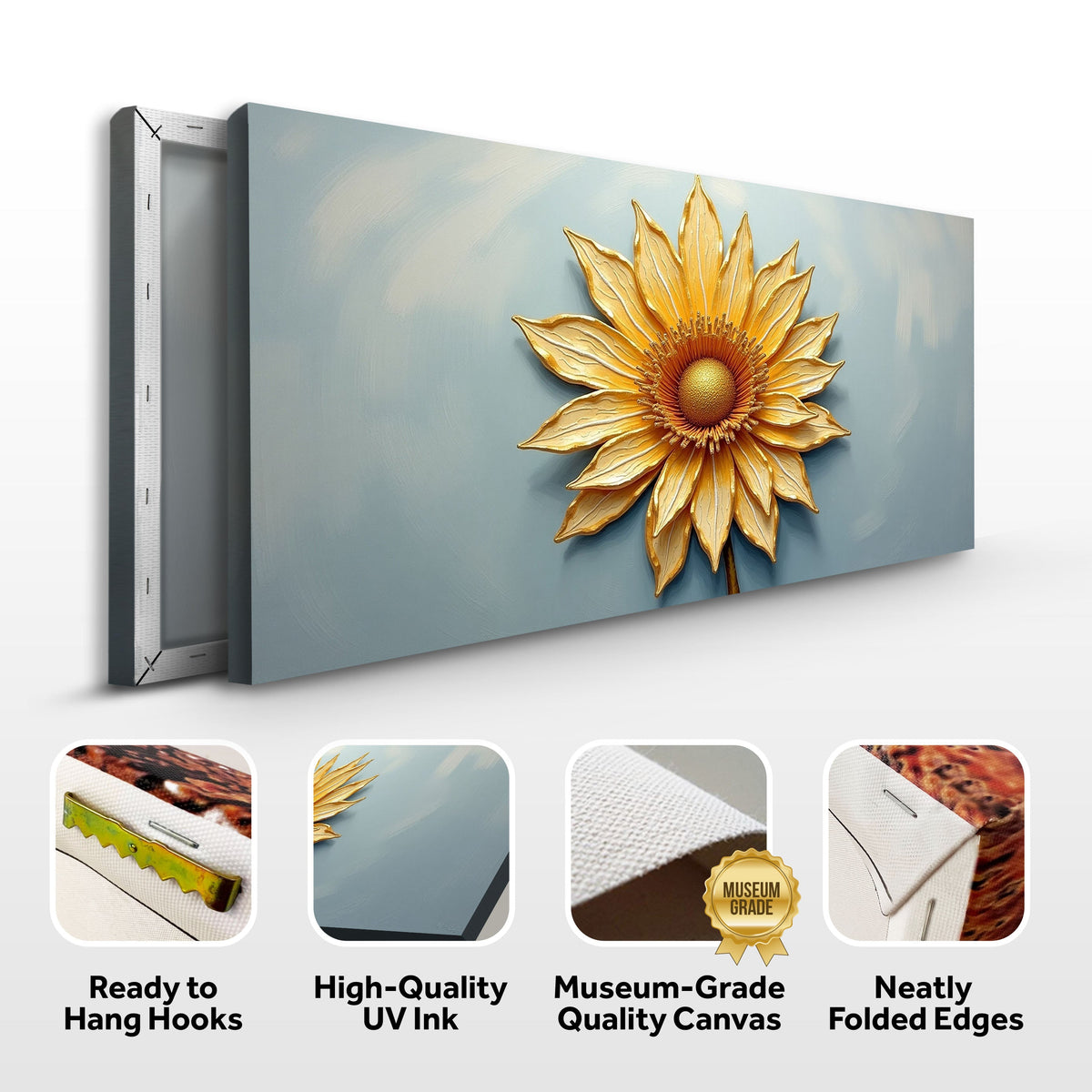 Golden dandelion minimalist abstract wall art on canvas by Tailored Canvases, featuring a delicate dandelion design and modern aesthetic.