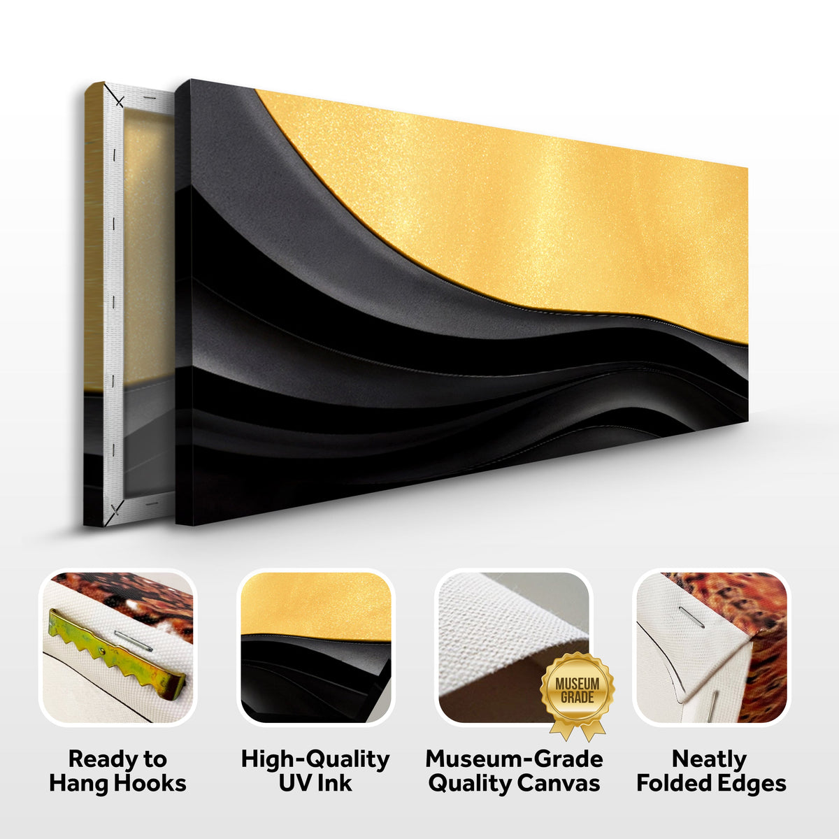 Black and gold minimalist abstract canvas artwork by Tailored Canvases featuring modern geometric design on a white background.