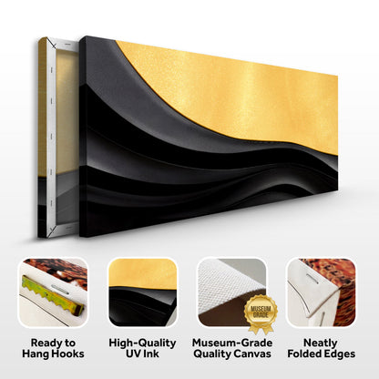 Black and gold minimalist abstract canvas artwork by Tailored Canvases featuring modern geometric design on a white background.