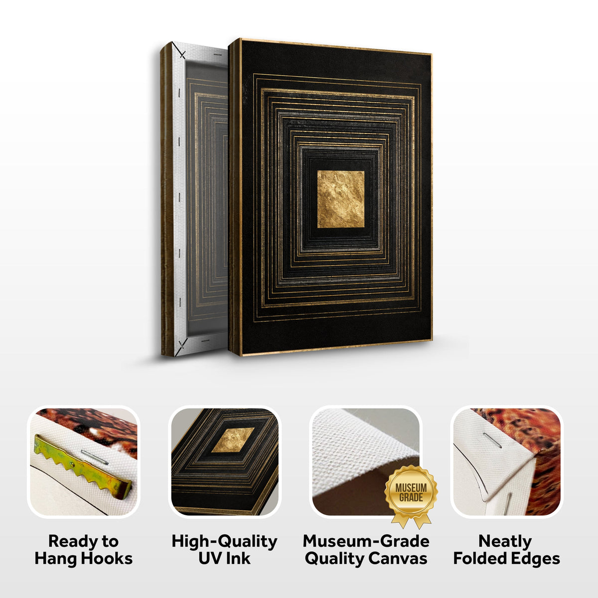 Black and gold canvas wall art by Tailored Canvases featuring modern abstract design for stylish home decor.