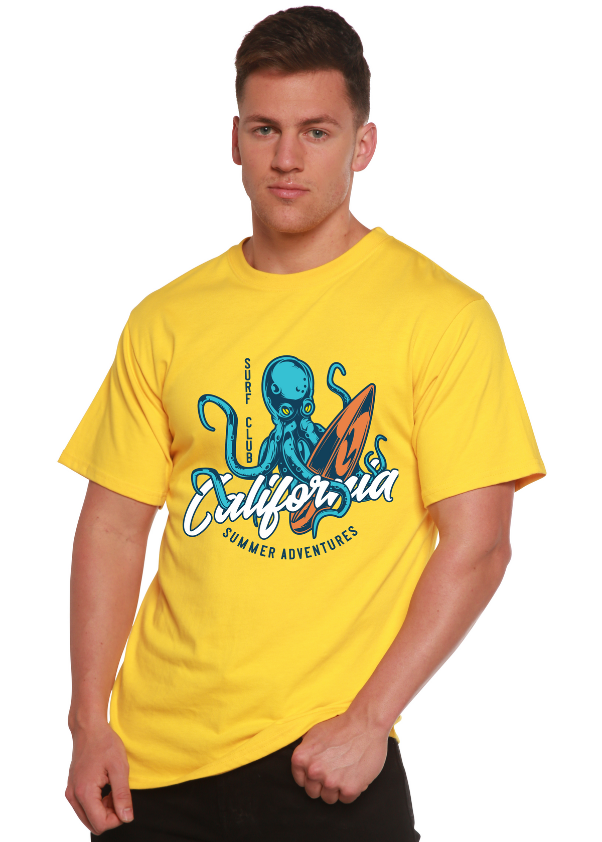 Men's printed T-shirt from Spun Bamboo featuring California Summer Adventures graphic in bamboo viscose and organic cotton fabric.