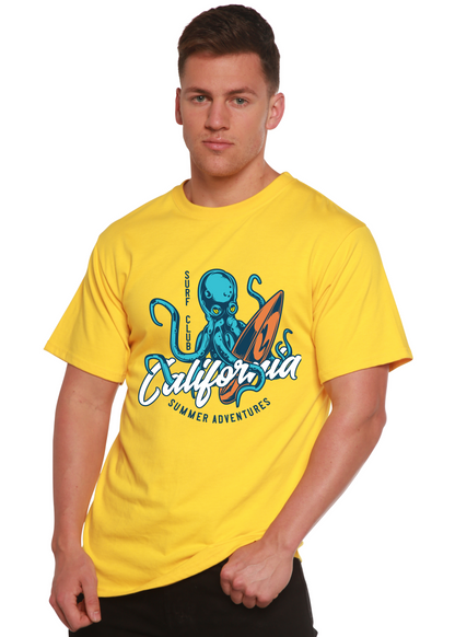 Men's printed T-shirt from Spun Bamboo featuring California Summer Adventures graphic in bamboo viscose and organic cotton fabric.