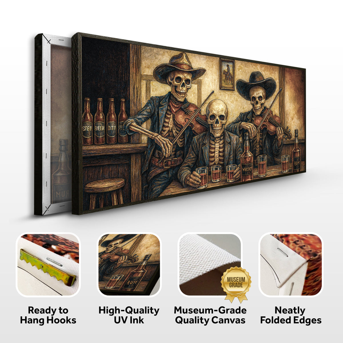 Western cowboy skeleton wall art on canvas featuring a skeleton cowboy in a western scene, by Tailored Canvases.