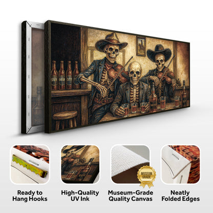 Western cowboy skeleton wall art on canvas featuring a skeleton cowboy in a western scene, by Tailored Canvases.