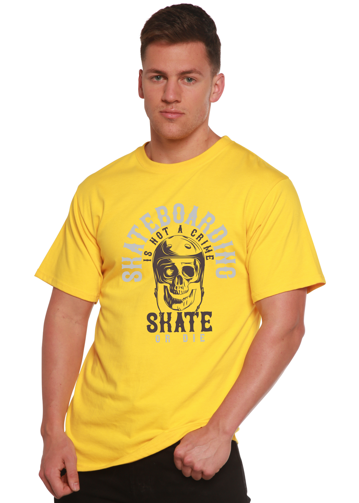 Men's skateboarding graphic T-shirt by Spun Bamboo, made from bamboo viscose and organic cotton, featuring a vibrant printed design.