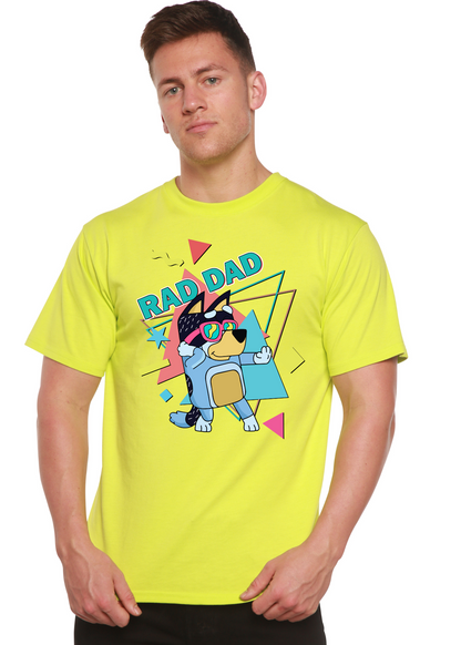 Blue Rad Dad men's graphic T-shirt by Spun Bamboo featuring a colorful printed design on soft bamboo fabric.