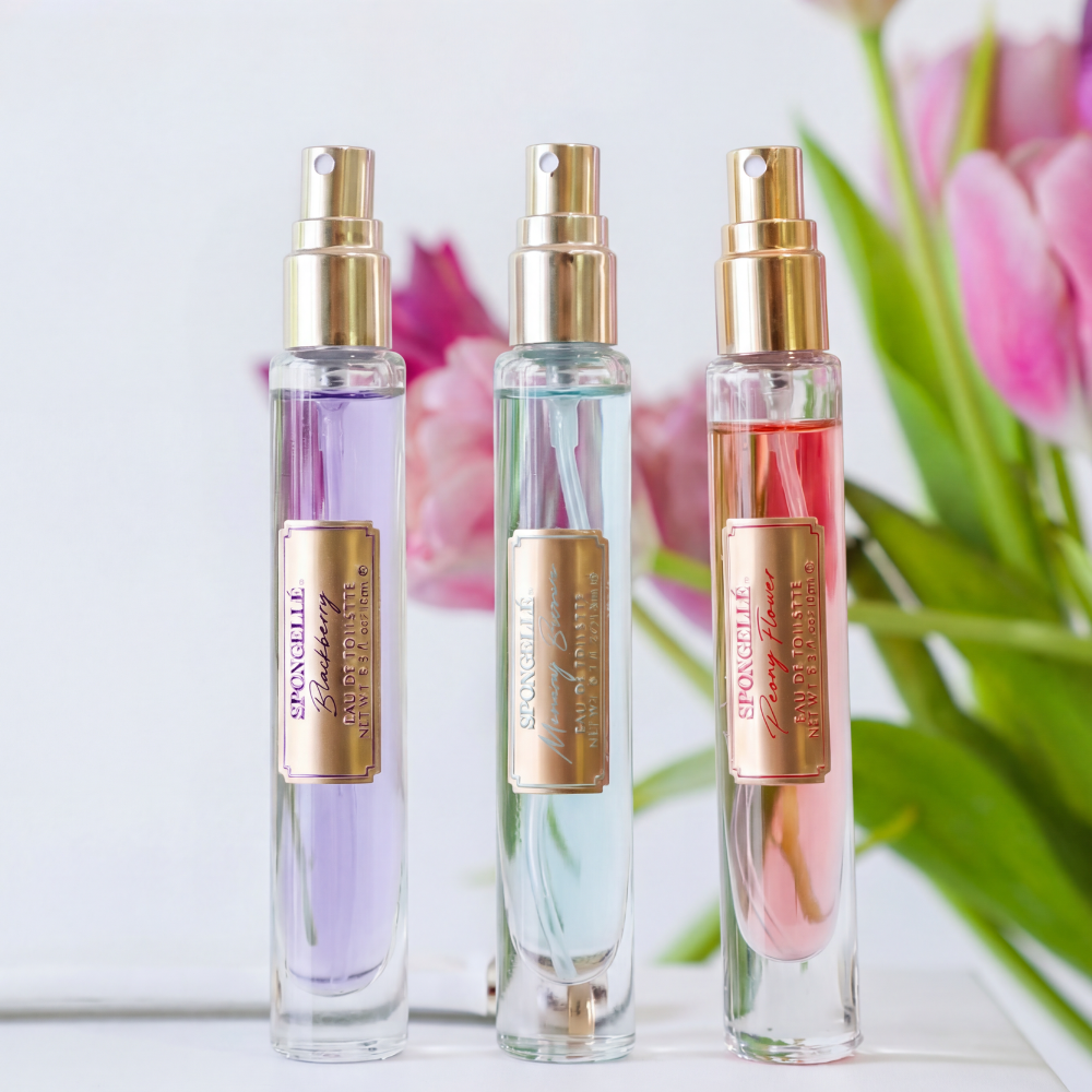 Spongellé Private Reserve Eau de Toilette 3-piece body fragrance set with bottles and packaging display.