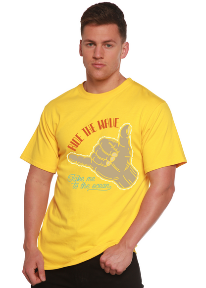 Men's graphic T-shirt by Spun Bamboo featuring a wave design, made from bamboo viscose and organic cotton, short sleeve, printed.