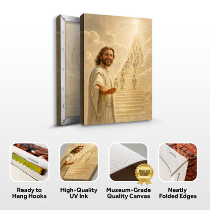 Canvas wall art featuring the "Stairway To Heaven Faith" design by Tailored Canvases, with a serene stairway and celestial background.