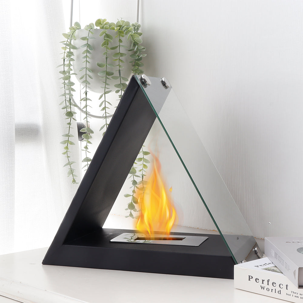 JHY DESIGN glass tabletop fireplace with gel and ethanol fuel, featuring a modern design and a clear glass surface.