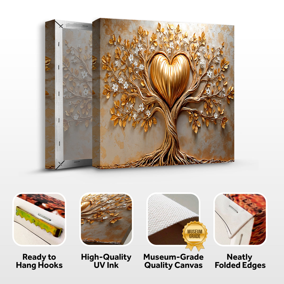 Golden Tree Heart wall art on canvas by Tailored Canvases, featuring a golden tree and heart design displayed on a neutral background.