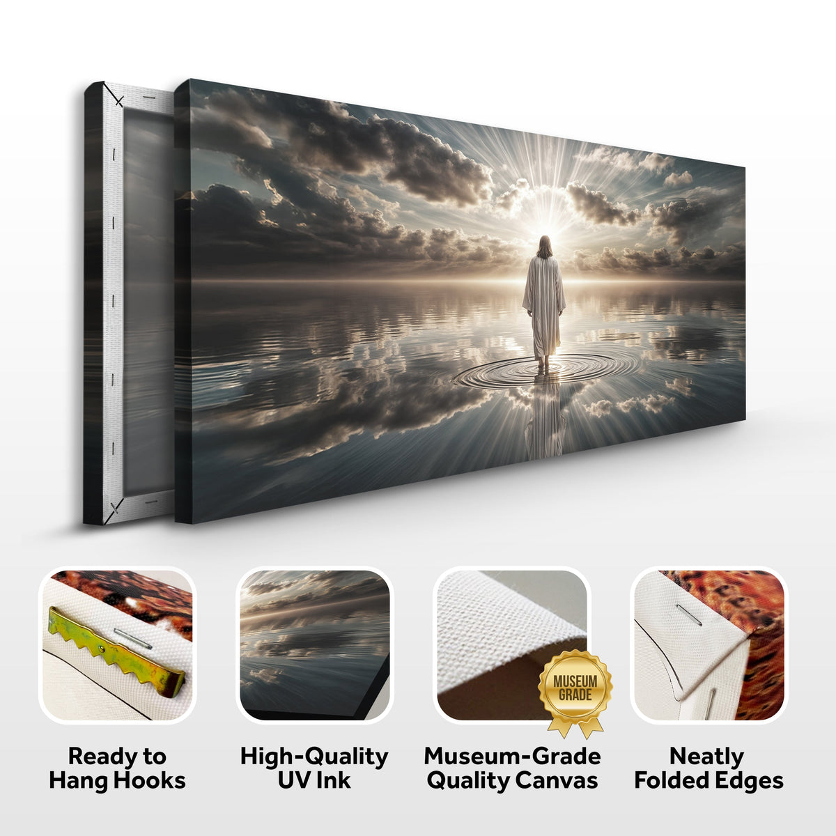 Canvas wall art titled "Walking on Water - Faith" by Tailored Canvases, featuring a serene water scene with inspiring faith imagery.