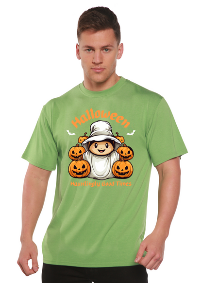 Men's Halloween graphic T-shirt by Spun Bamboo, short sleeve design with hauntingly good times print in bamboo viscose and organic cotton.