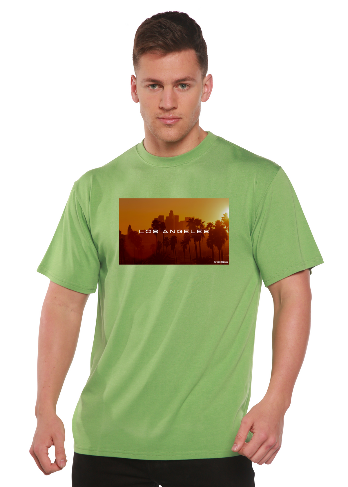 Spun Bamboo men's graphic T-shirt with short sleeves, made from bamboo viscose and organic cotton, featuring a Los Angeles design.