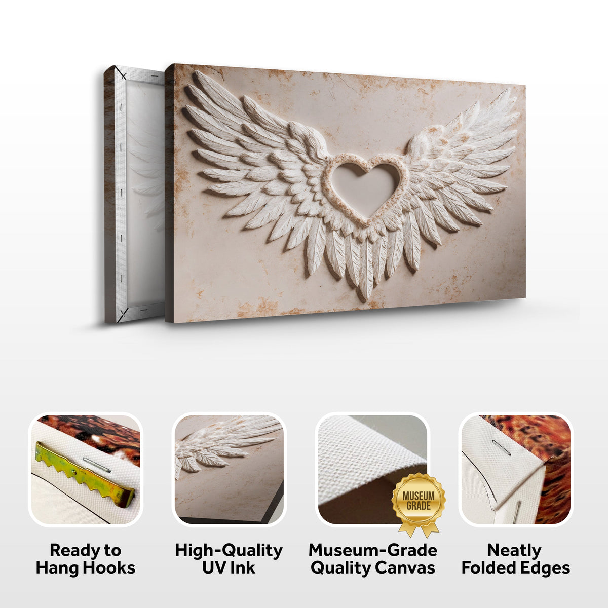 Abstract canvas wall art titled Wings of Love by Tailored Canvases, featuring vibrant, flowing wing designs on a textured surface.