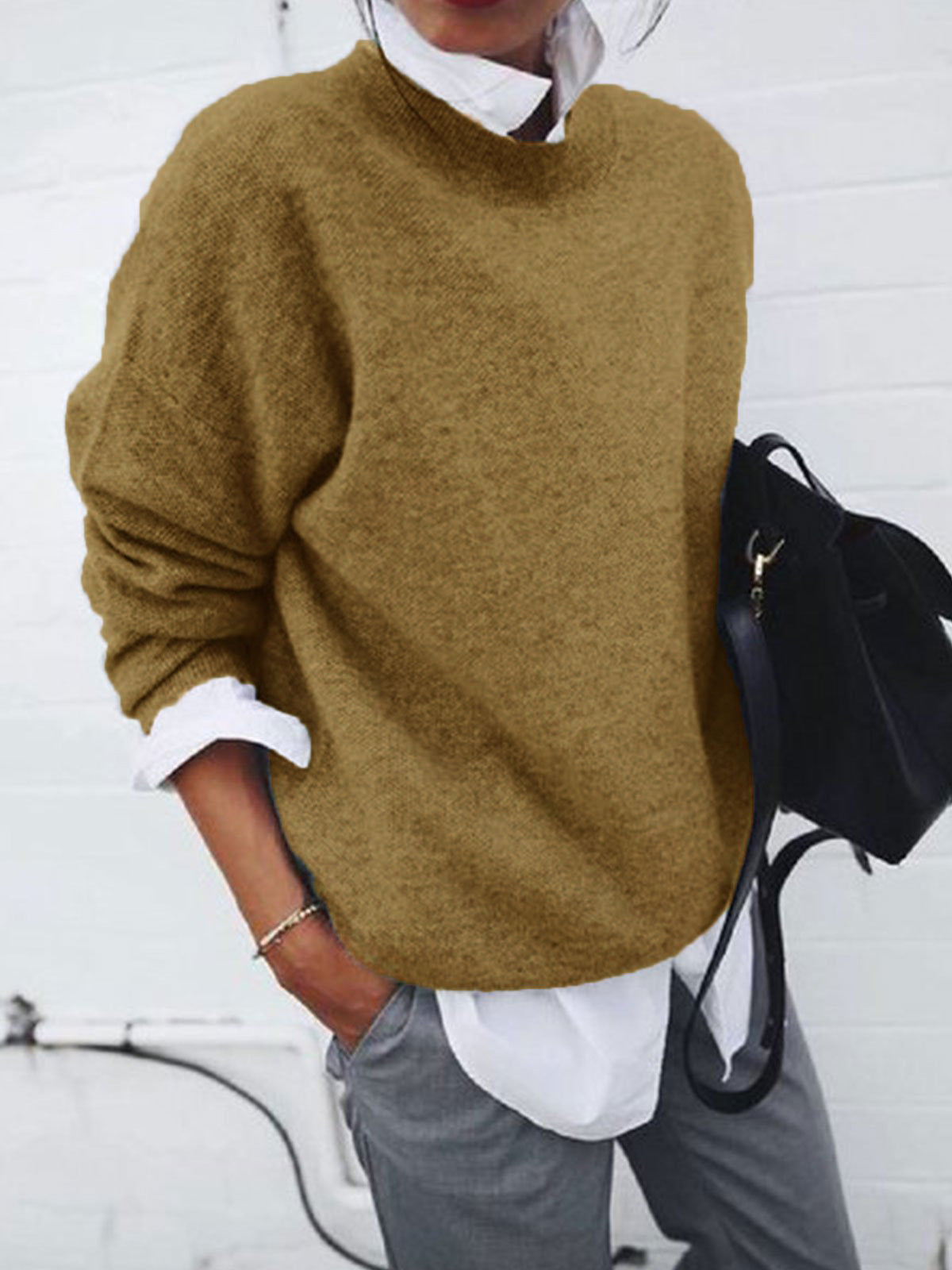 Women's solid color long sleeve pullover sweater, knitted fall and winter top