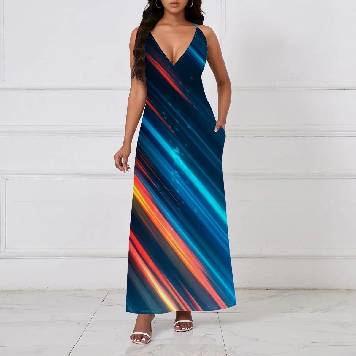 Bold colorful patterned loose-fitting backless slip dress shown from the rear view