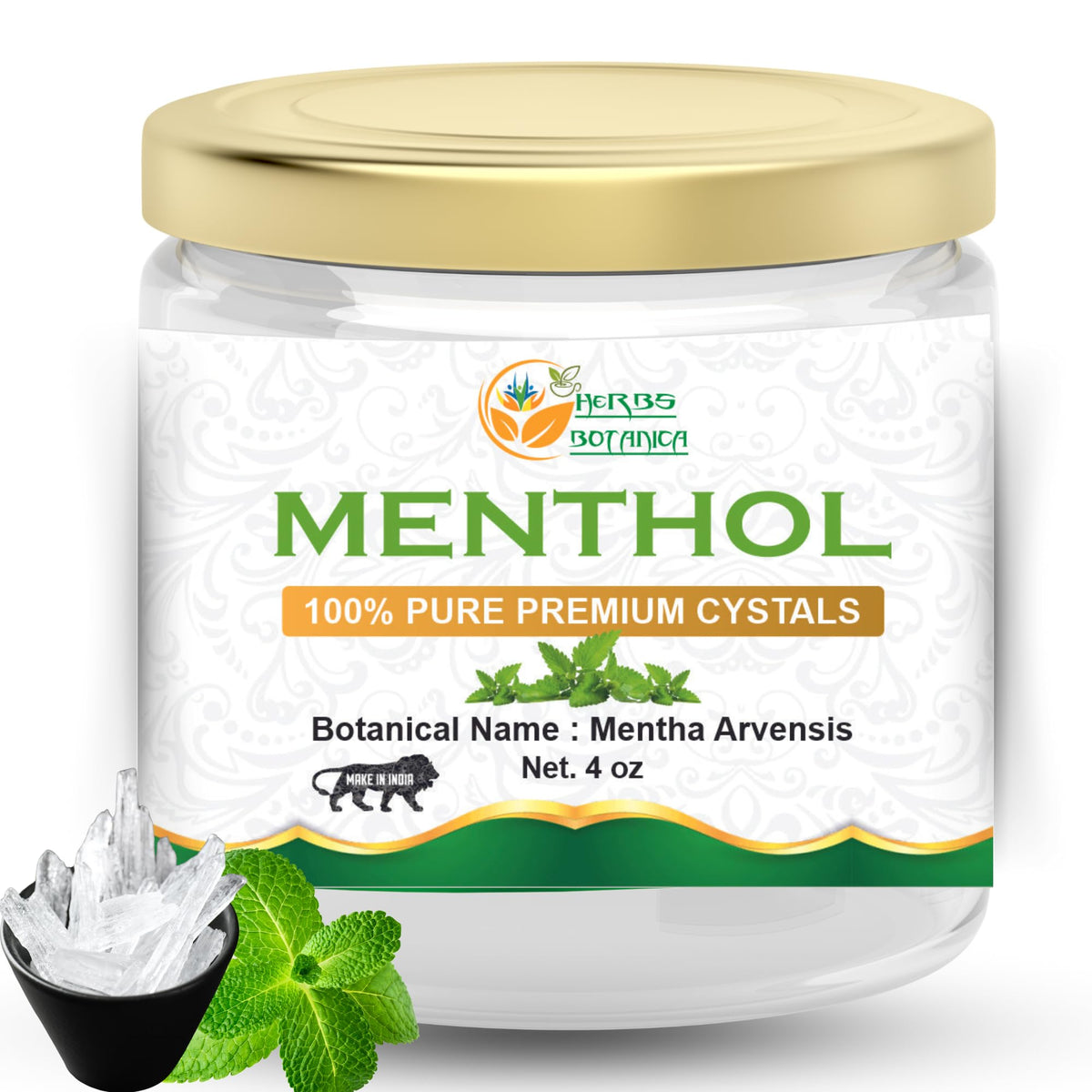 Pure menthol crystals for aromatherapy in a 4 oz container, shown with clear crystalline appearance and packaging.