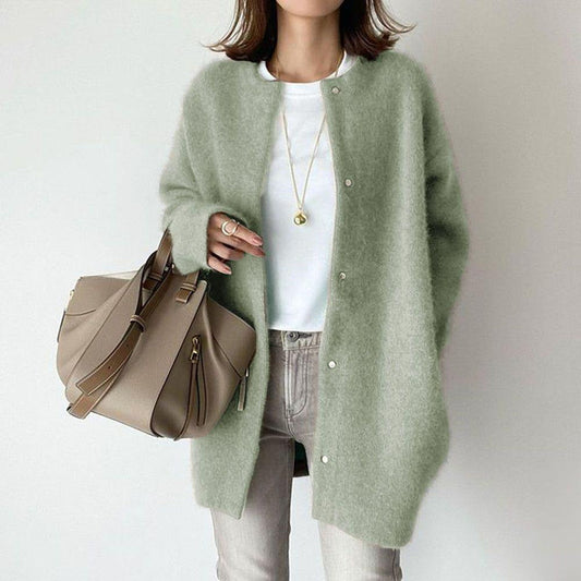 Women's loose solid color round neck single-breasted cardigan coat jacket for autumn and winter