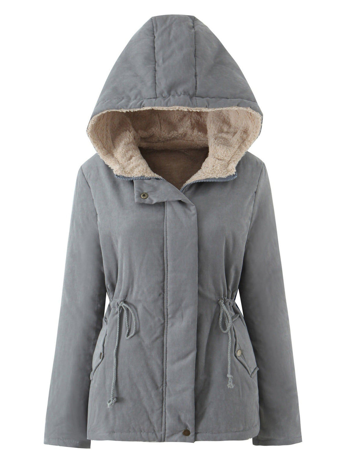 Women's warm hooded cotton-padded coat displayed in a neutral color.
