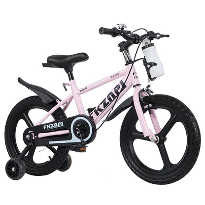Kids bike with training wheels and adjustable seat, 16-18 inches, in bright colors, suitable for young children learning to ride.