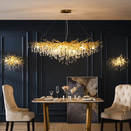 Art Deco lights illuminating a dining room and bedroom in a stylish model home setup
