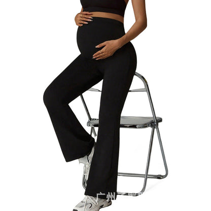 Maternity high-waist flared leg pants with tummy support and butt-lifting legging style in casual design